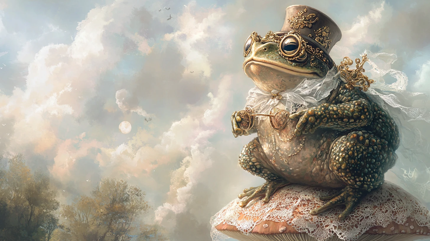 Sapo steampunk fantasioso em cogumelo ornamentado ao luar
