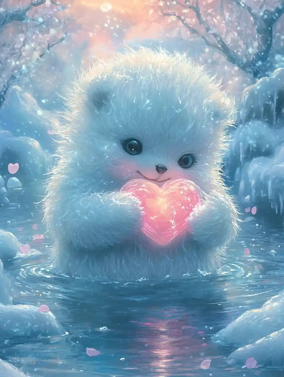 Piccolo cucciolo di yeti bianco che schizza con una palla di neve a forma di cuore luminoso