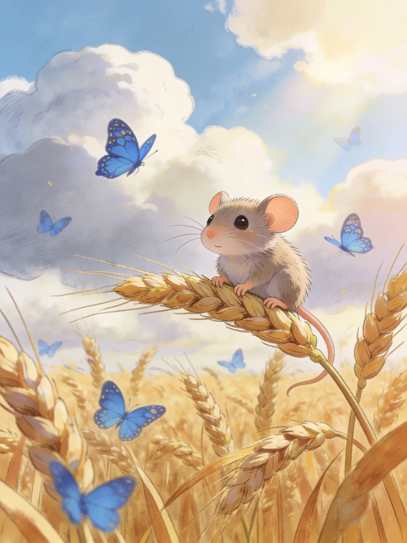 Verspielte Maus auf Weizenhalm in traumhafter Cartoon-Landschaft
