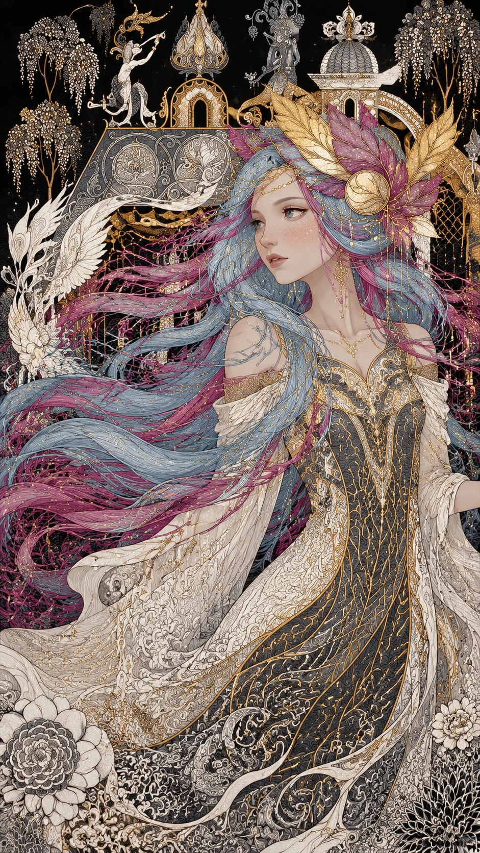 Retrato de uma bela garota de perfil com cabelo longo e esvoaçante