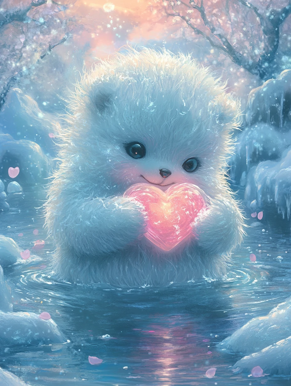 Piccolo cucciolo di yeti bianco che schizza con una palla di neve a forma di cuore luminoso