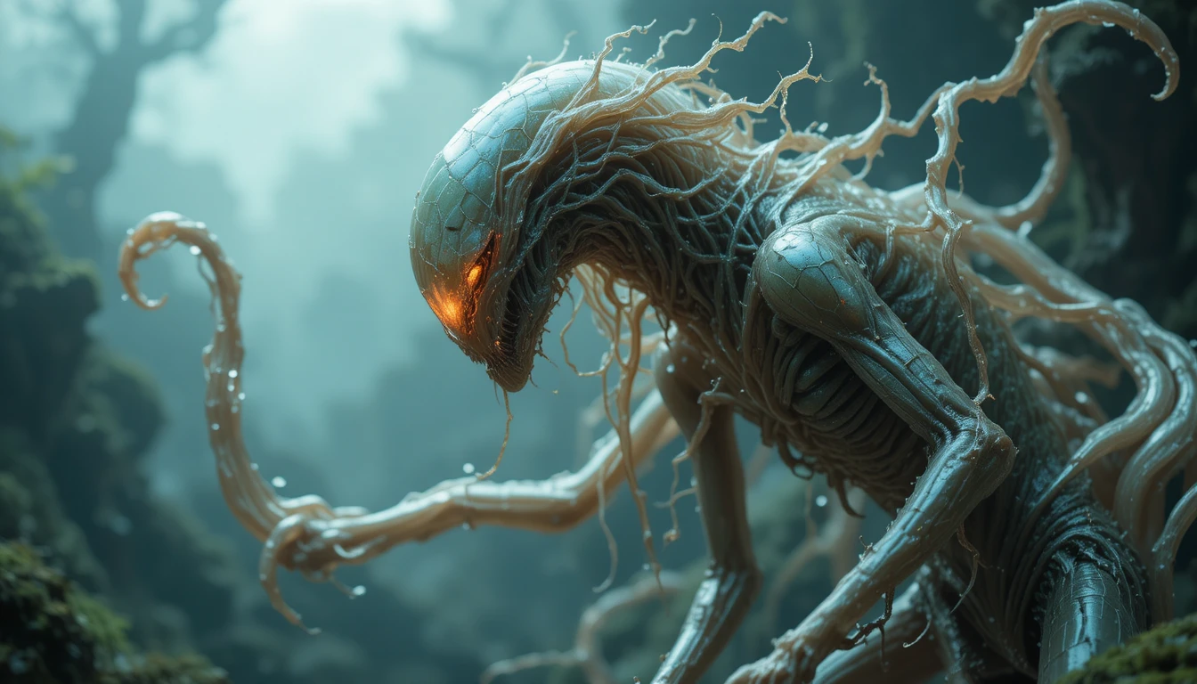 Symbiote alien en latex aux tentacules ramifiés et à la lueur intérieure