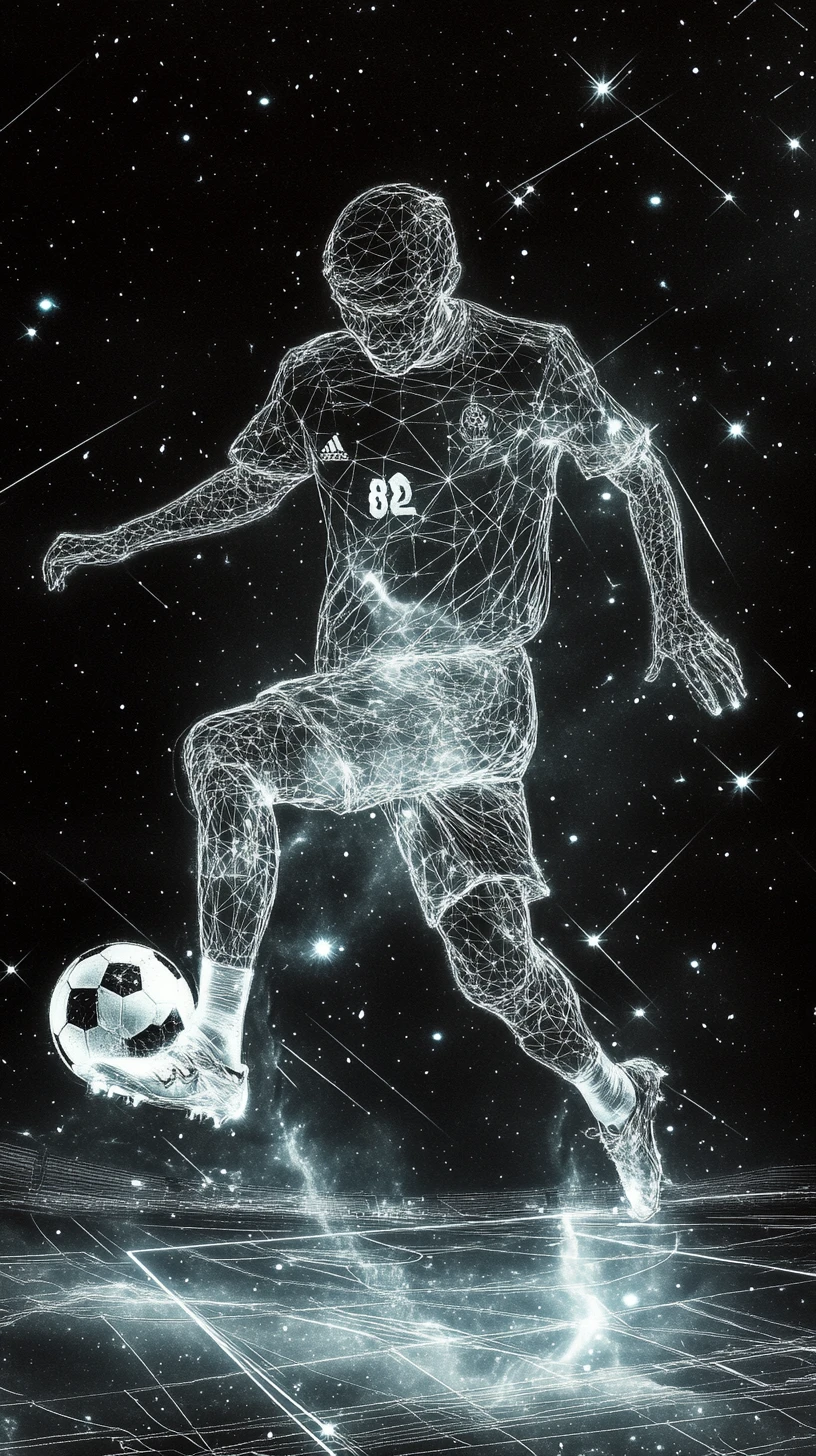 Jogador de futebol iluminado por estrelas driblando em um campo cósmico