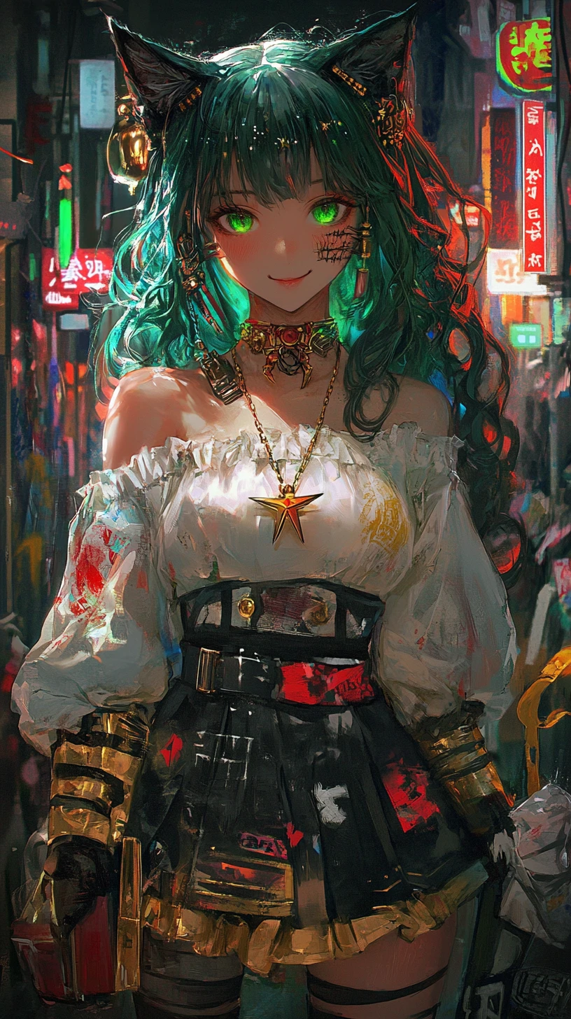 Garota gato de anime em traje dourado com detalhes mágicos