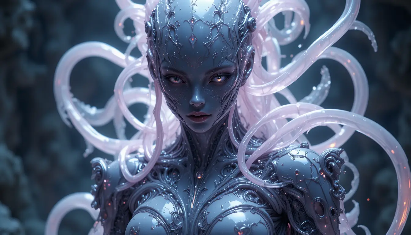 Femme futuriste fusionnée avec une armure en latex vivant et fluide