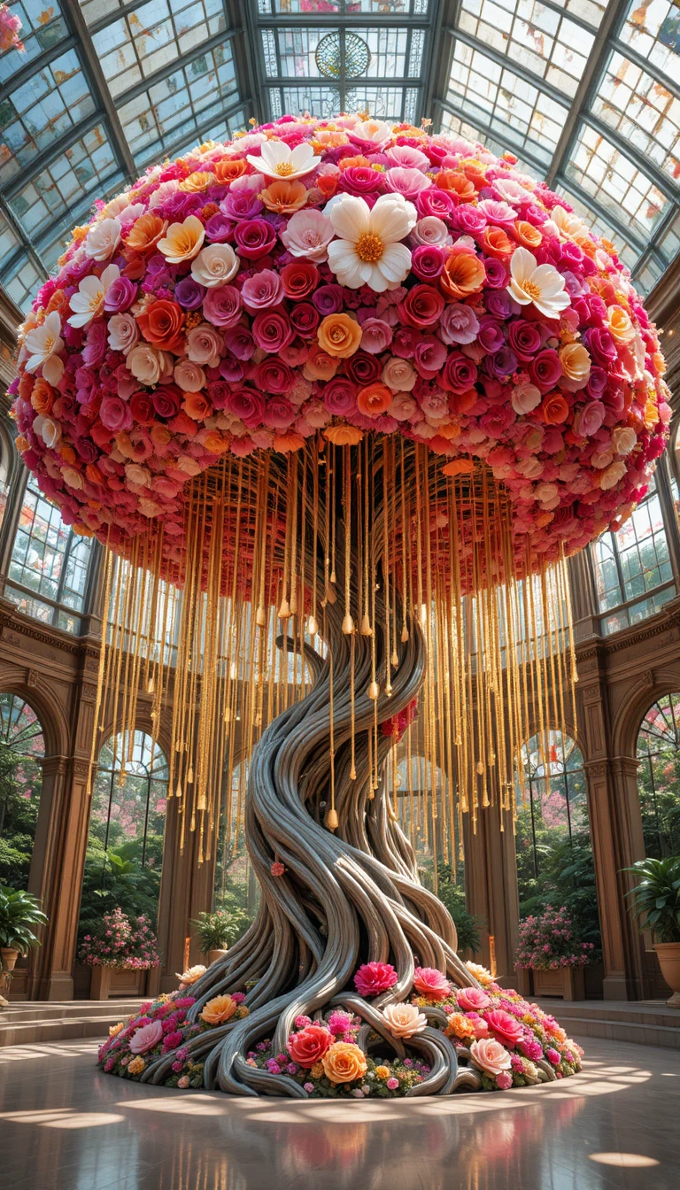 Scultura di albero di fiori fantastico in serra di vetro