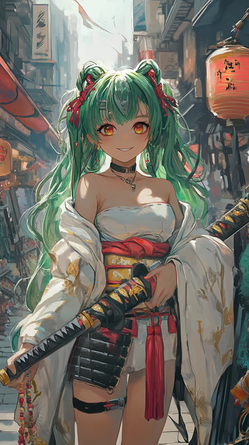 持刀的動漫少女在市集大廳對峙幽靈傀儡