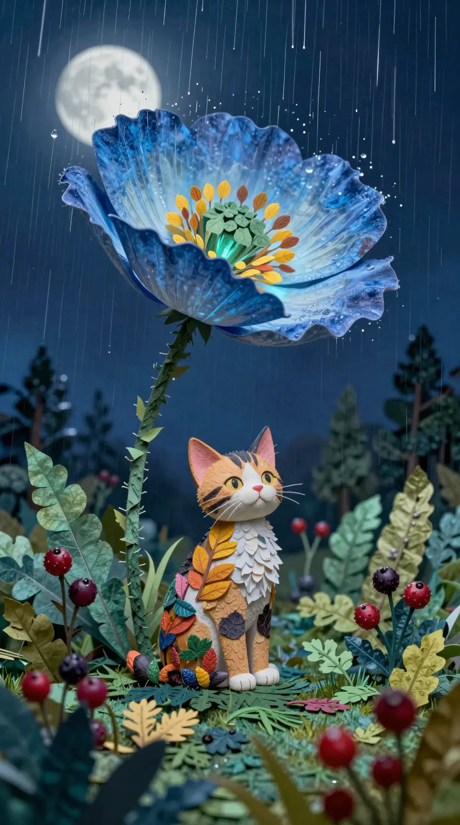 Gattino di Foglie di Carta sotto un Papavero Blu Luminoso