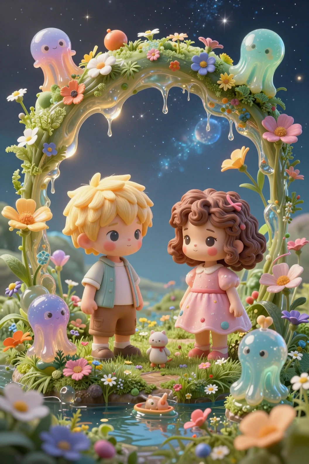 Monde de collage féerique avec des enfants de ferme chibi dans un paysage de gelée
