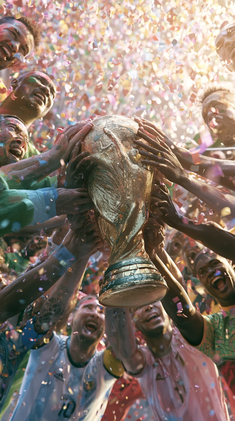 Jogadores de futebol internacionais comemorando com o troféu da Copa do Mundo