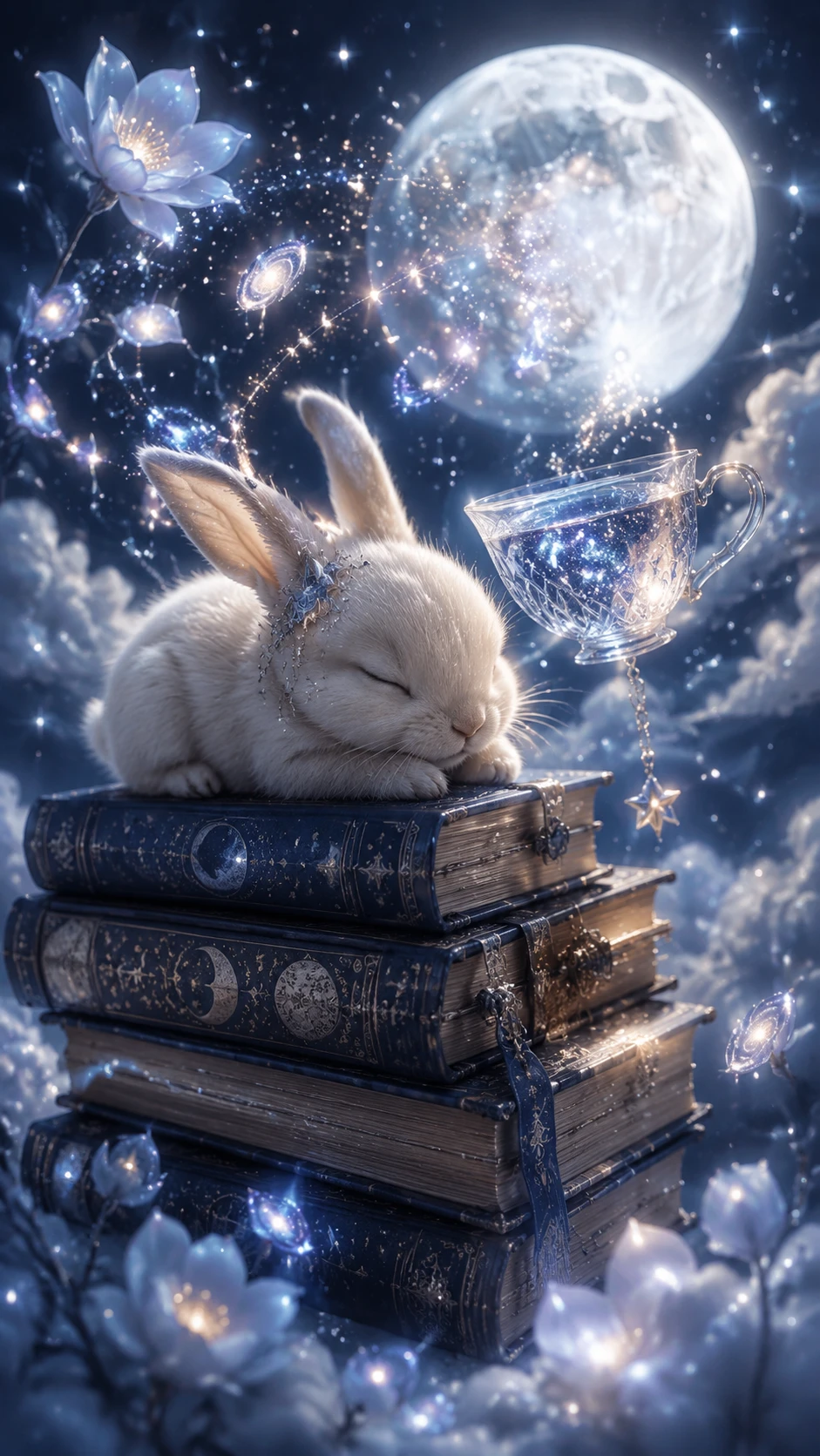 Pequeno coelho marfim dormindo sobre livros celestiais flutuantes