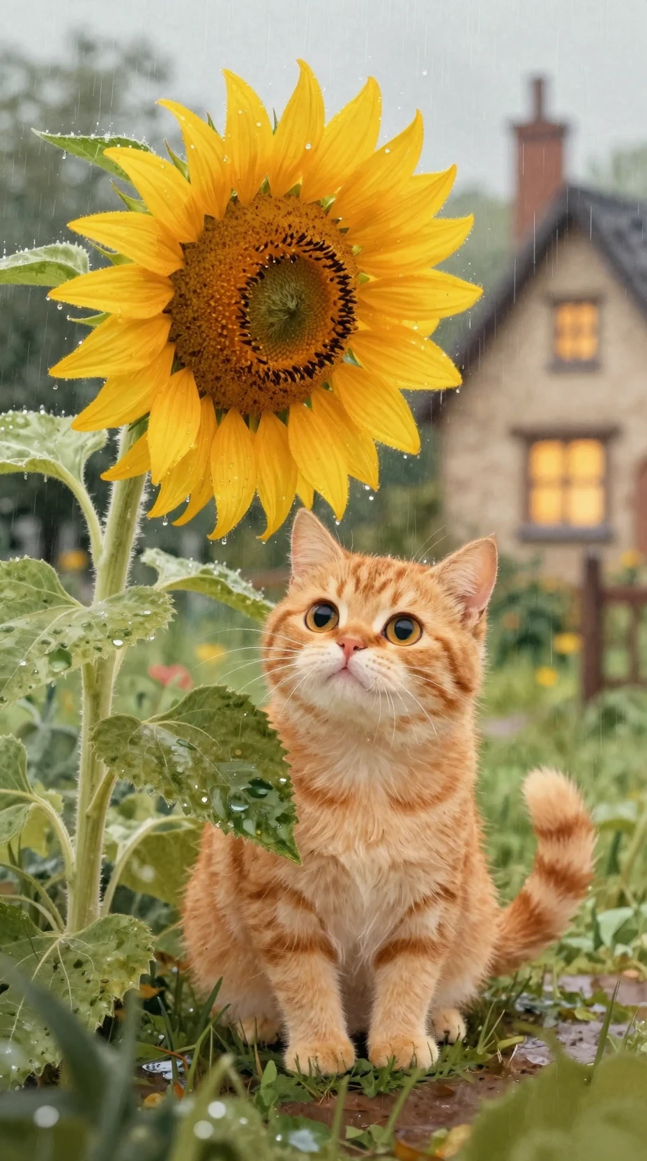 Gato Refugiado Bajo un Girasol en Acogedor Jardín Rústico