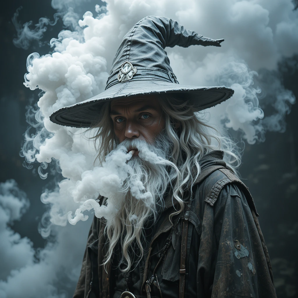 Mago chapado fumando um baseado em meio à fumaça em espiral