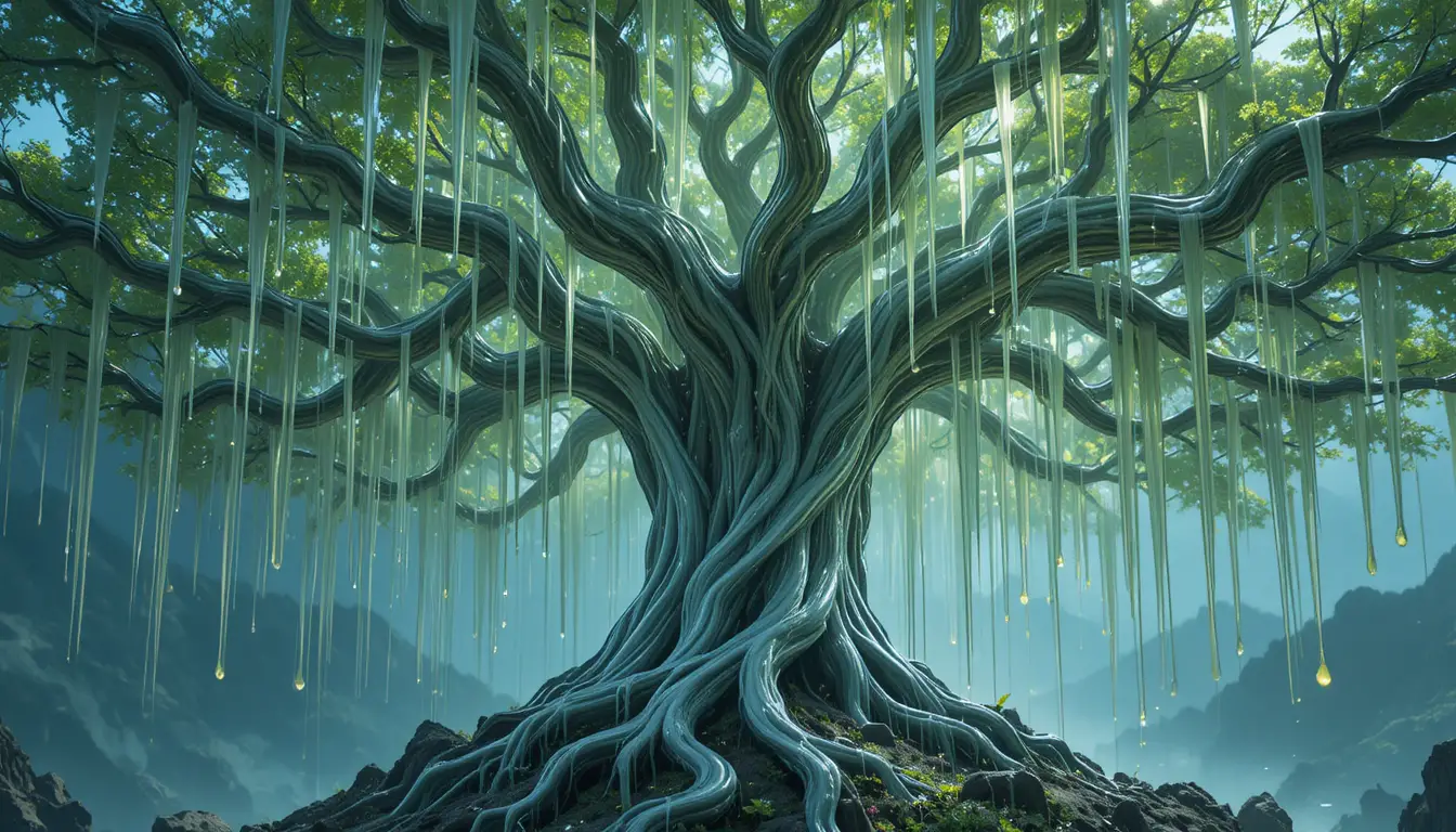 科幻奇幻景觀中的發光外星乳膠樹