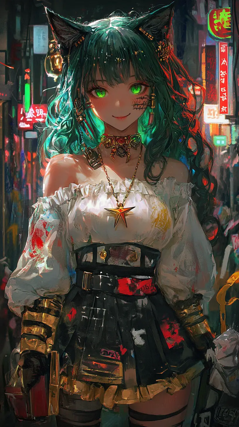 金色服裝搭配魔法細節的動漫貓娘