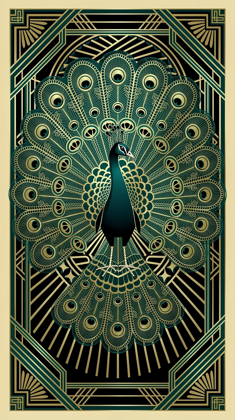 Pavão art déco com cauda em leque geométrico ornamentado