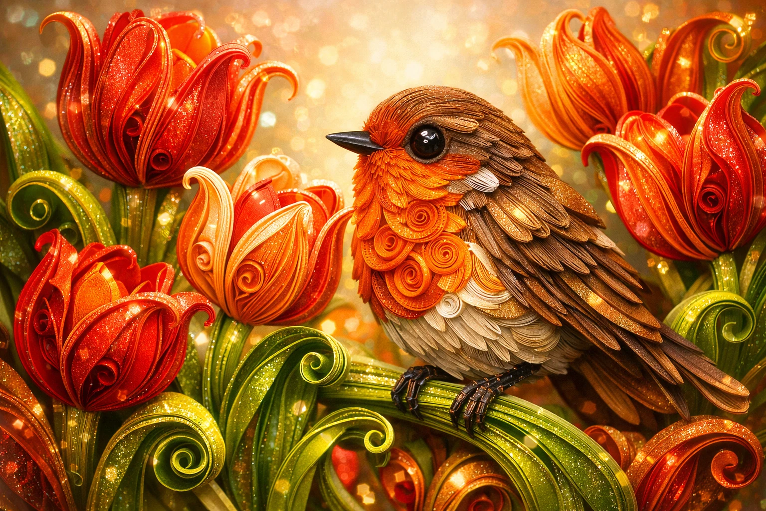 Verspielter Papier-Vogel und Tulpen in lebendiger Quilling-Kunst