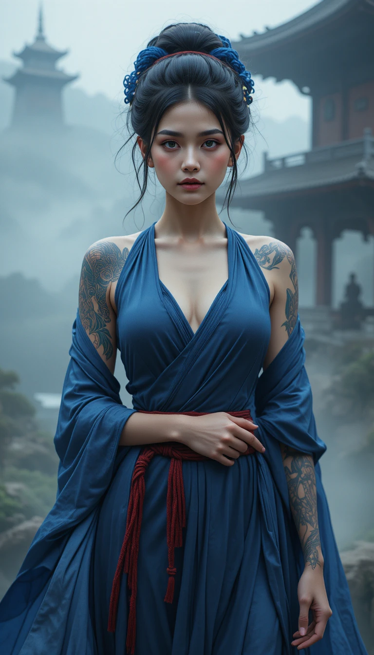 霧の仏教寺院に立つ青いドレスのアジア人女性