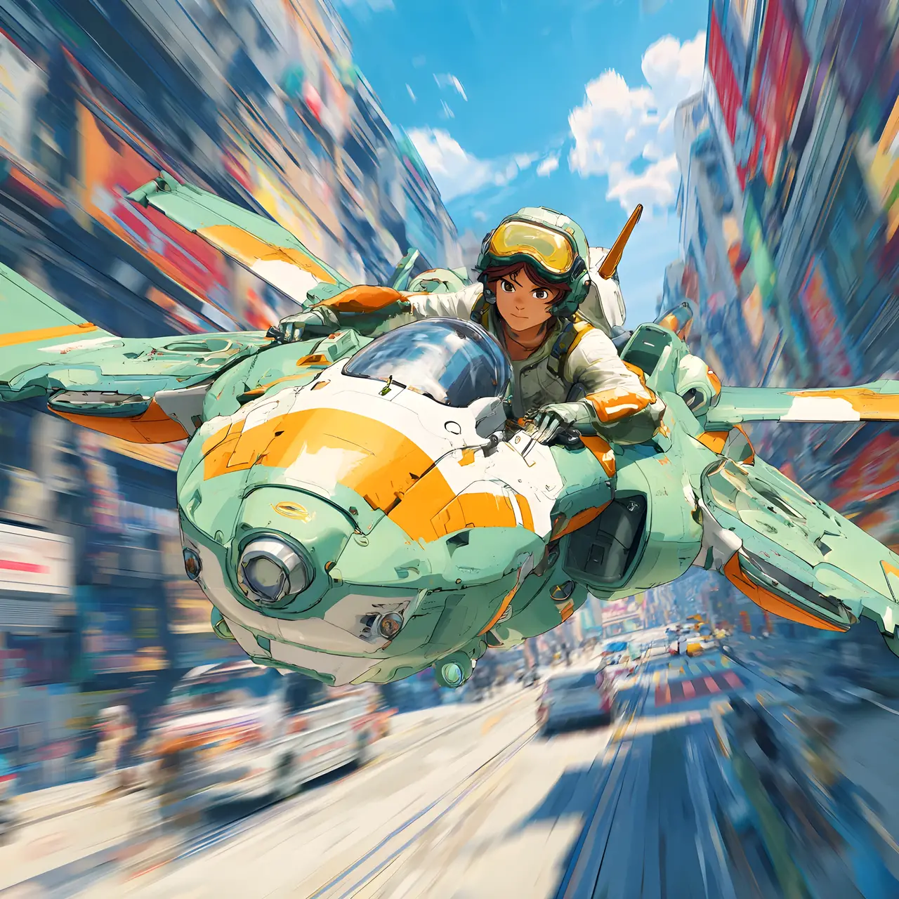 Héros d’anime d’âge mûr dans une scène d’action de vol futuriste