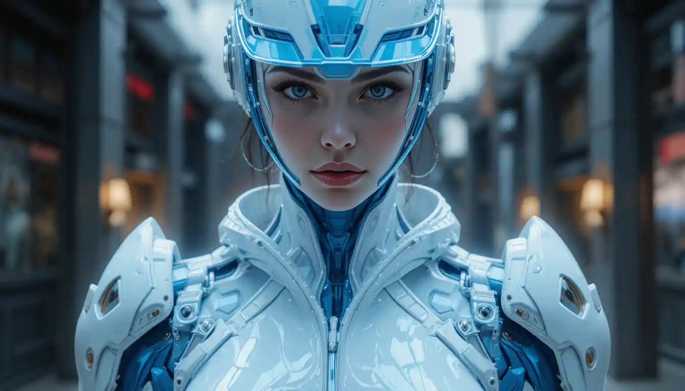 Futuristische Polizistin in Latexrüstung in voller Körperansicht