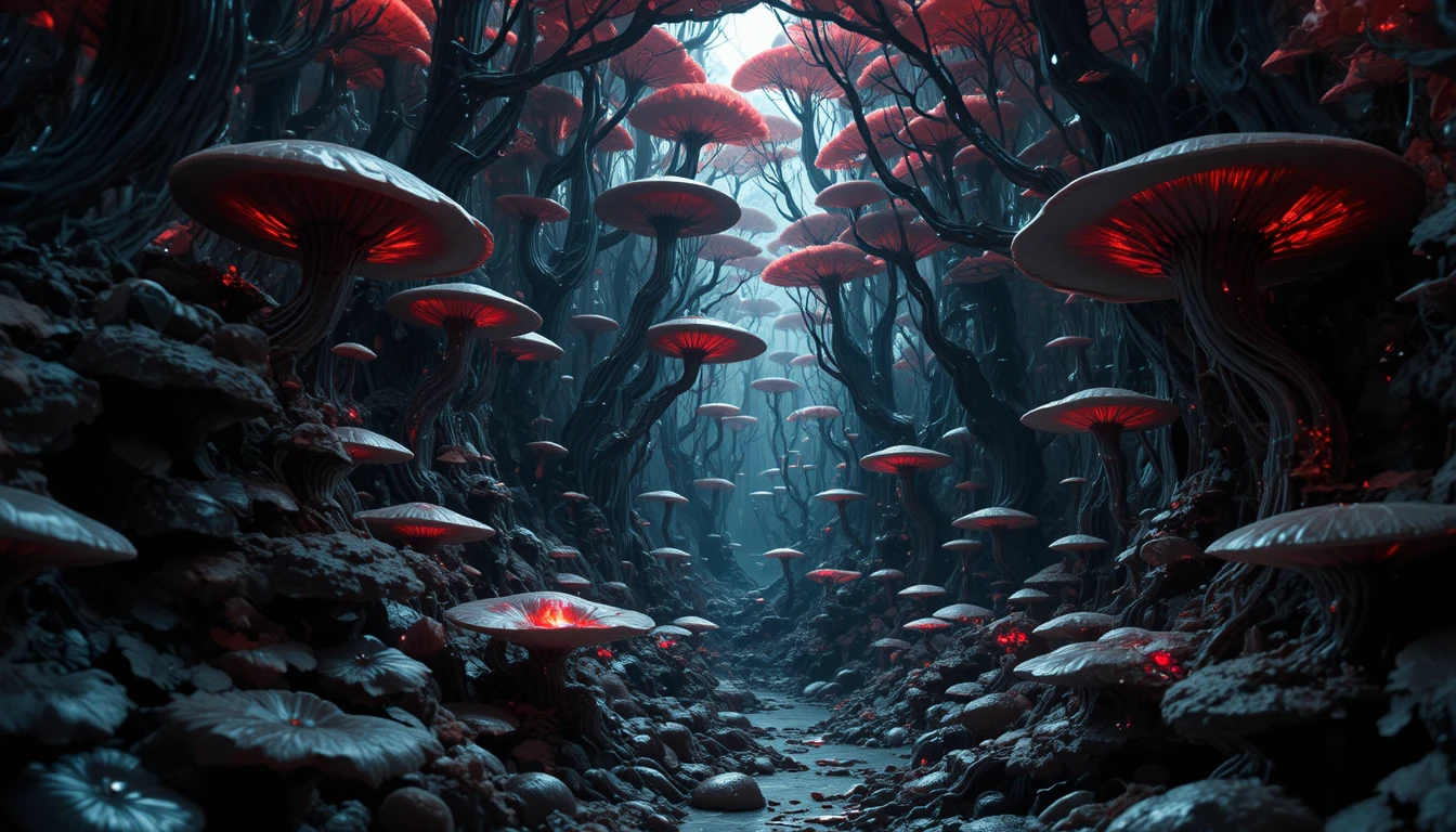 Dark alien latex forest glowing with hidden red energy