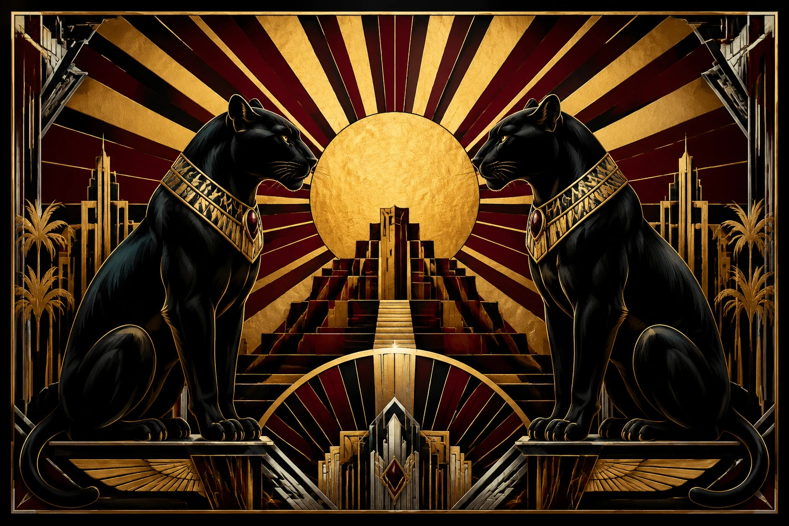 Deux panthères noires dans une affiche Art déco symétrique