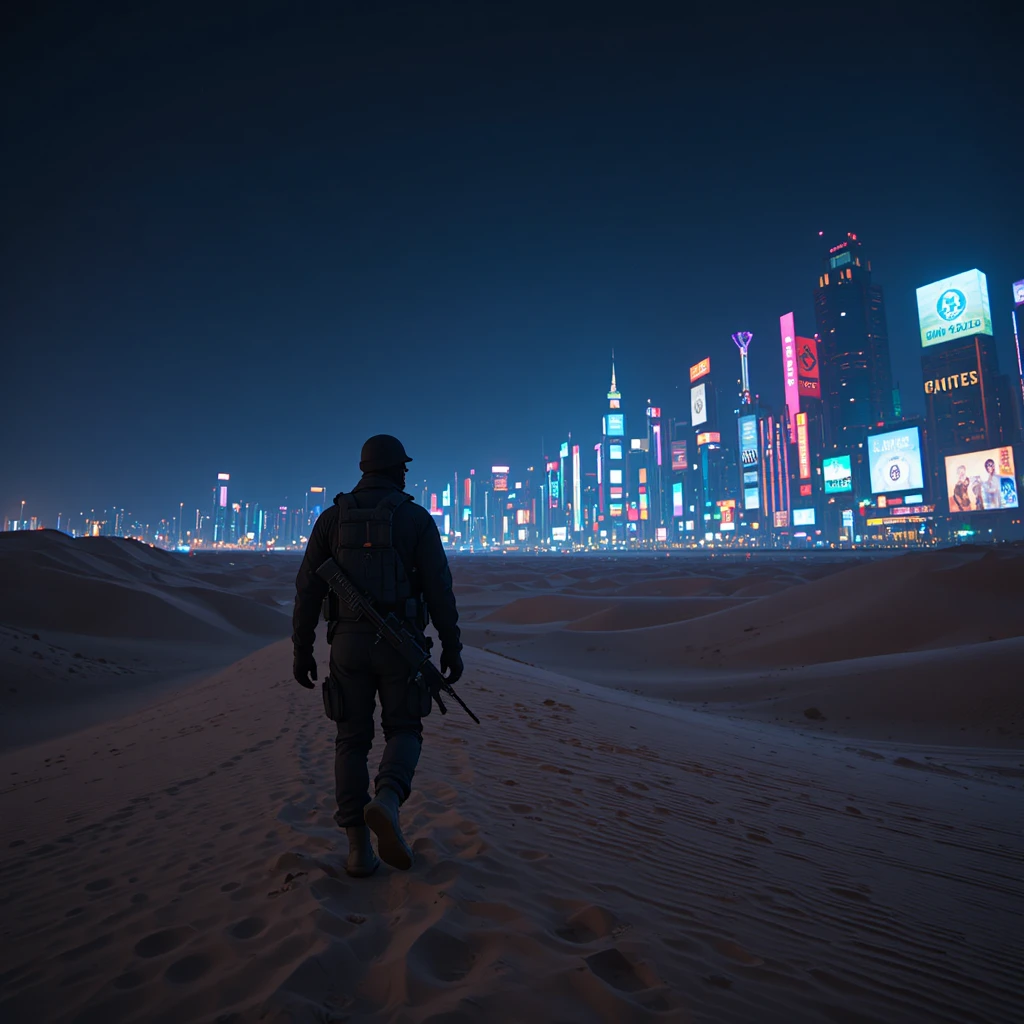 Soldado solitário caminhando pelo deserto à meia-noite em direção a uma cidade distante