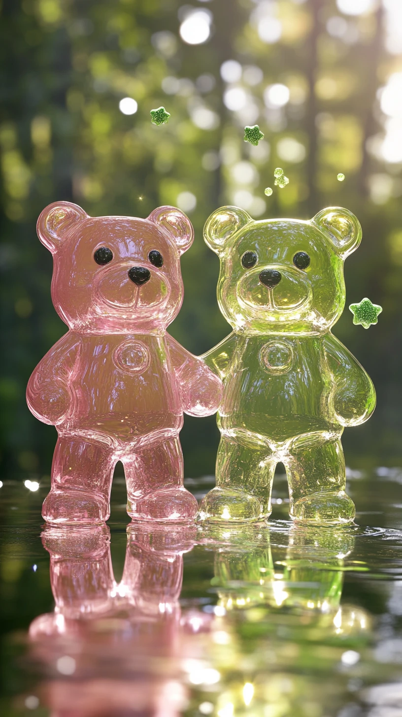 Adorable couple d’oursons en gélatine se tenant la main dans une forêt lumineuse