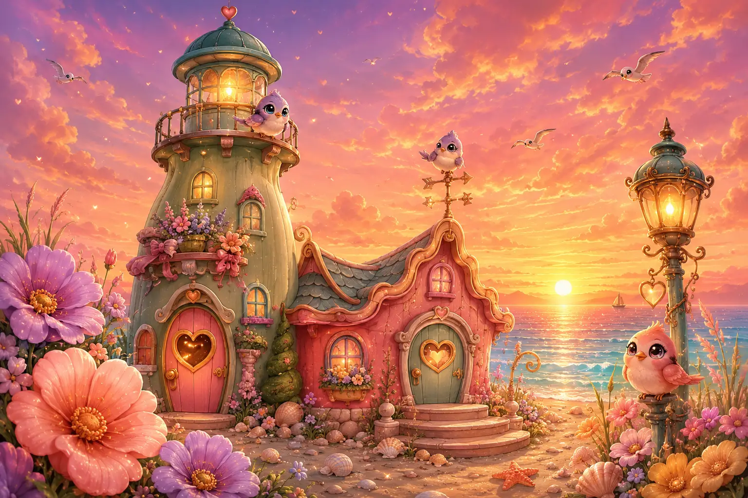 粉彩夕陽海灘上的奇幻燈塔與小屋