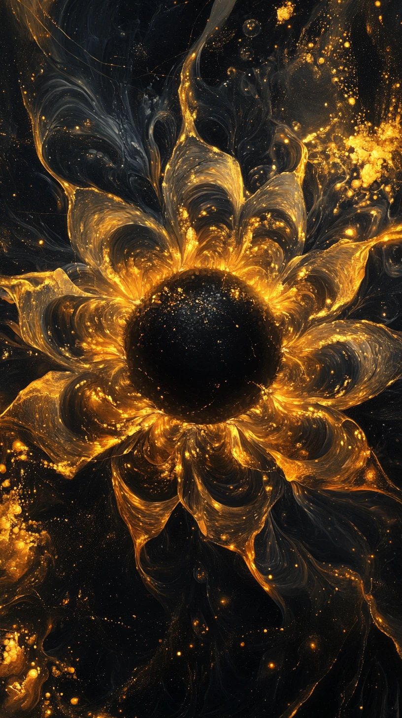 Nucleo cosmico luminoso avvolto da energia astratta a forma di petalo