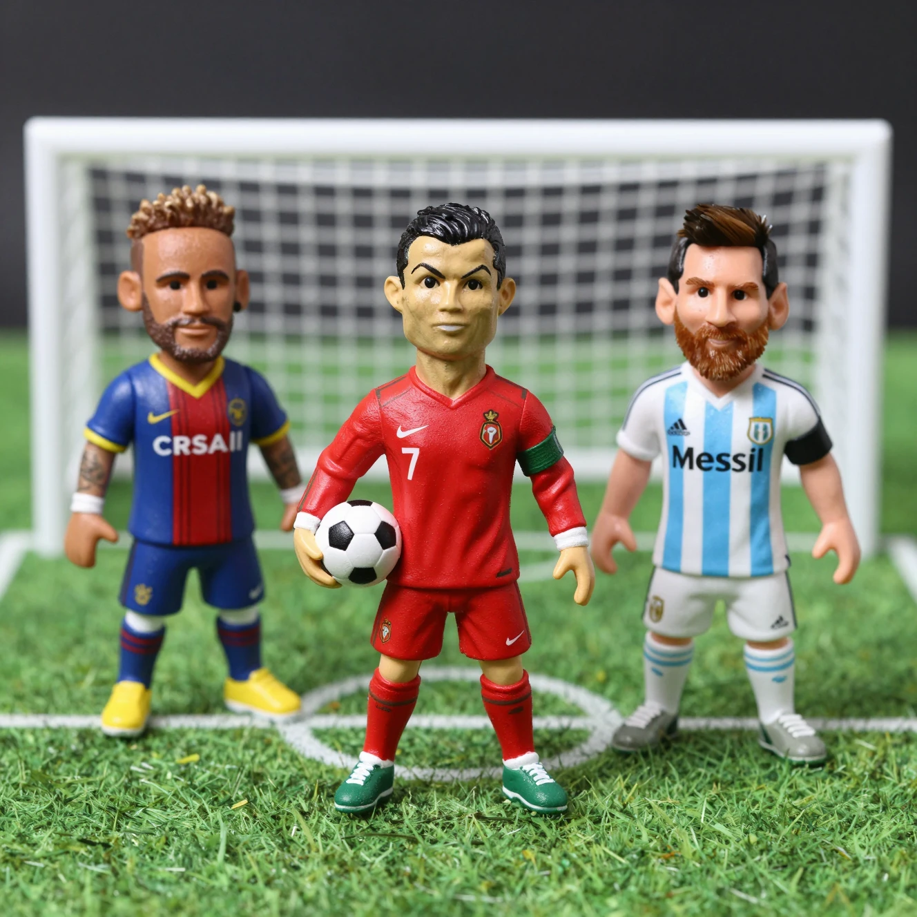 Miniaturas de estrelas do futebol em um mini campo com gol