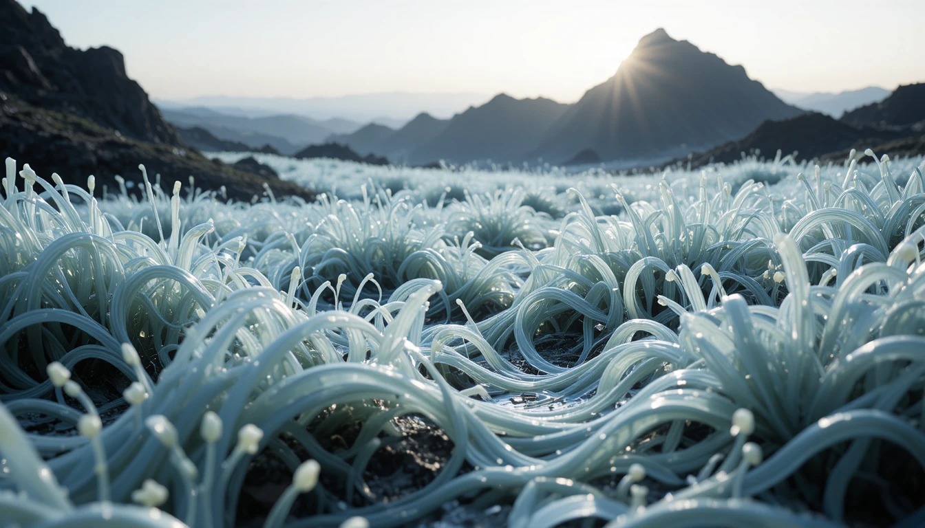Pradera alienígena de látex que brilla con suave luz bioluminiscente