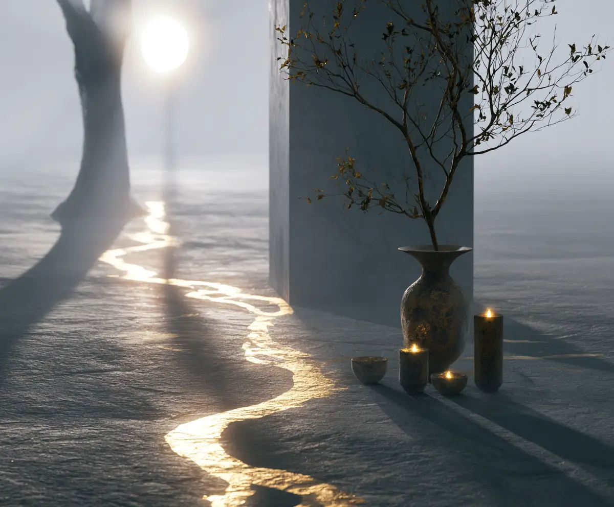 Oggetto kintsugi minimalista in un paesaggio surreale oscuro
