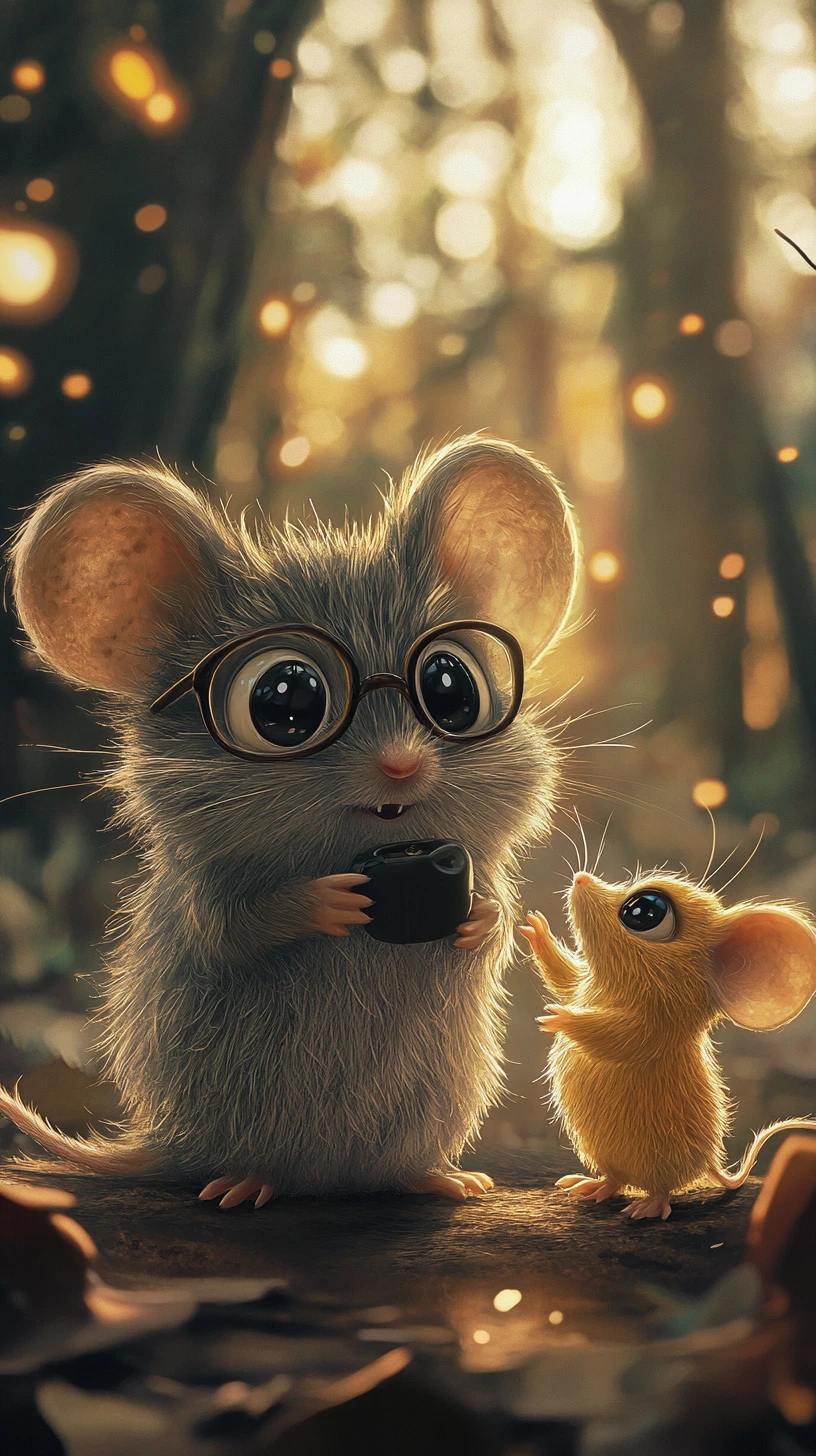 Rato curioso de desenho animado e pequena criatura em floresta brilhante