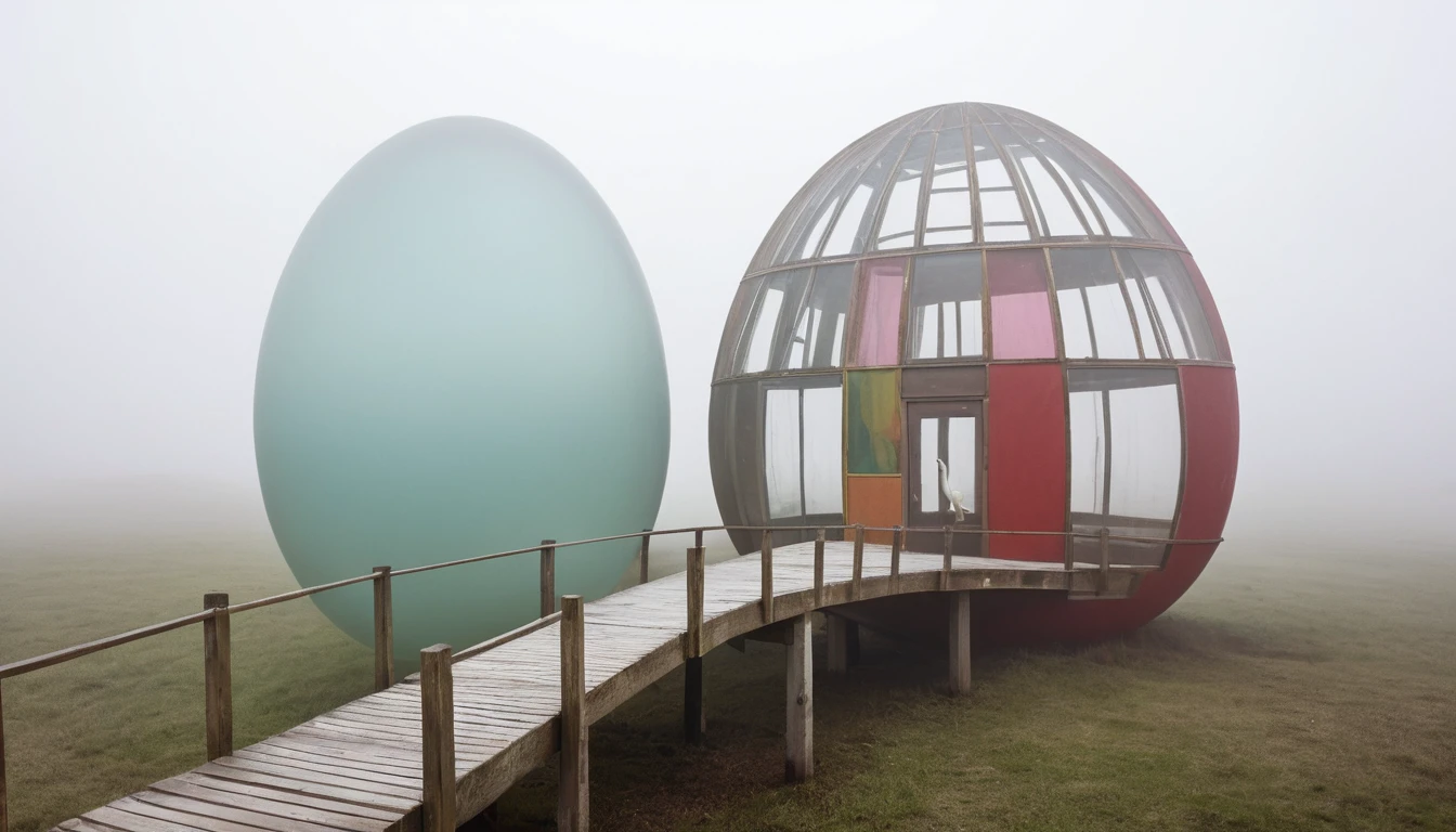 Cidade surreal de casas em forma de ovo surgindo na névoa suave