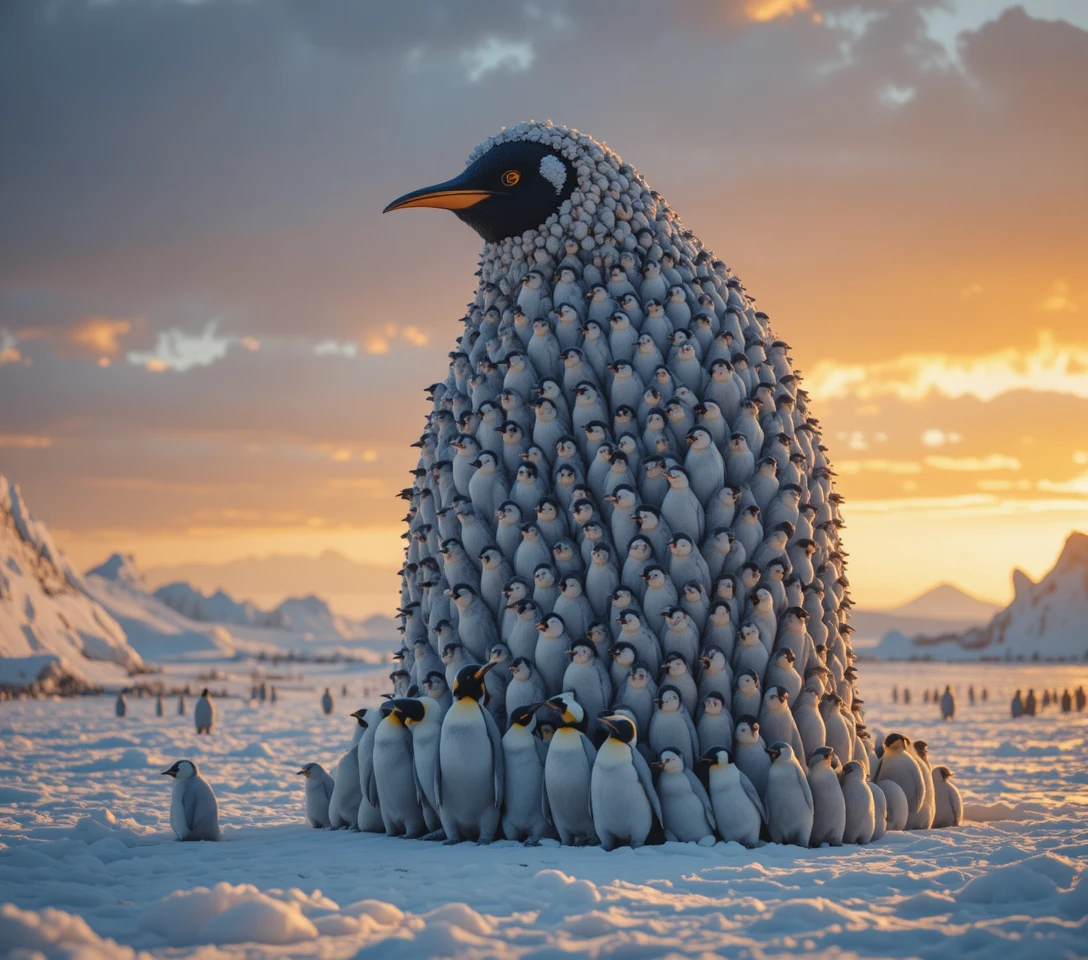Pinguino imperatore composto da pulcini al tramonto dorato