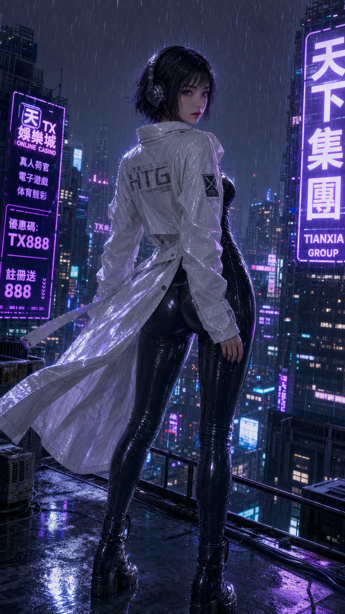 雨夜賽博龐克屋頂上的動漫女子