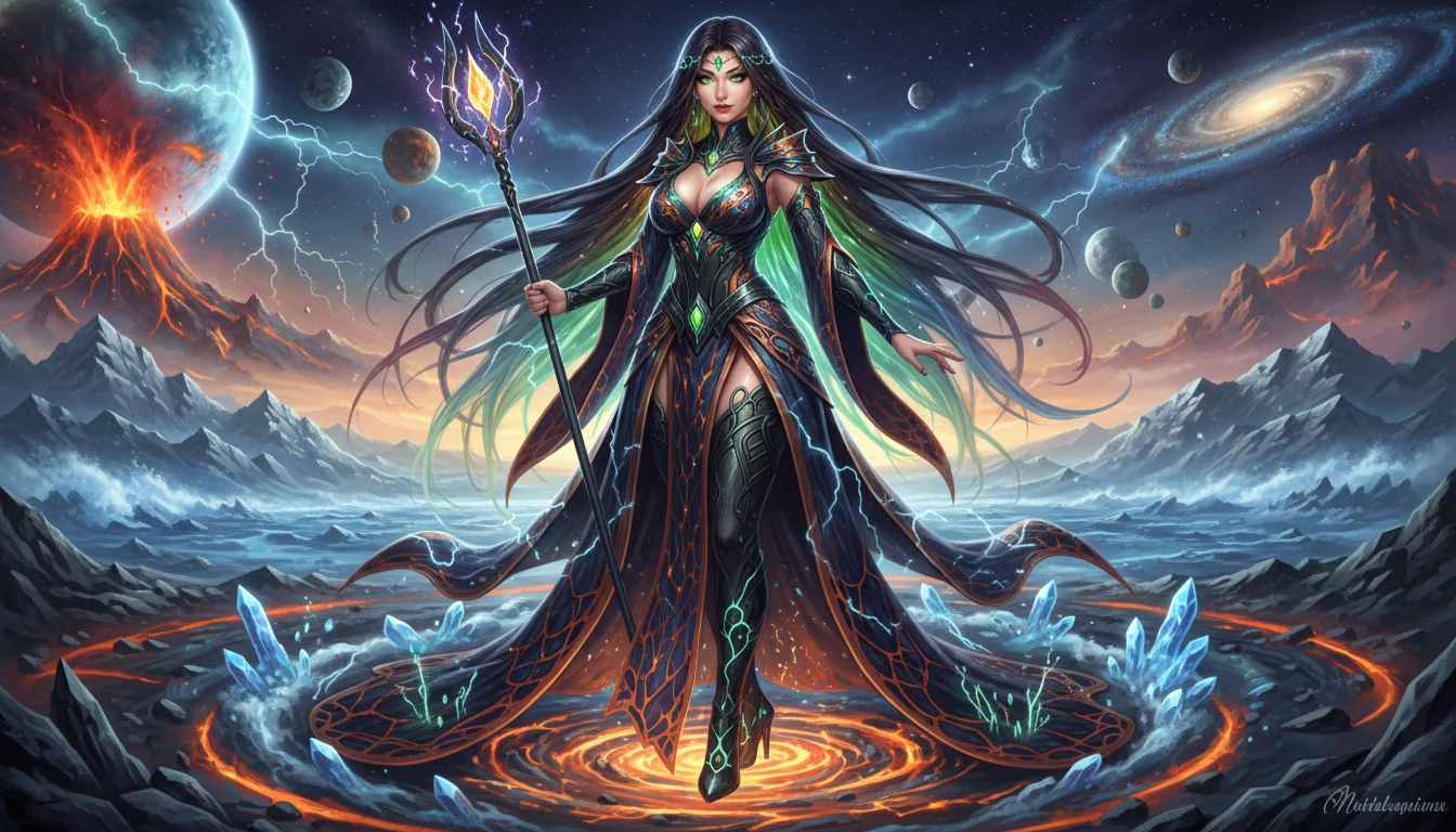 Primordial elemental woman with flowing dark rainbow hair