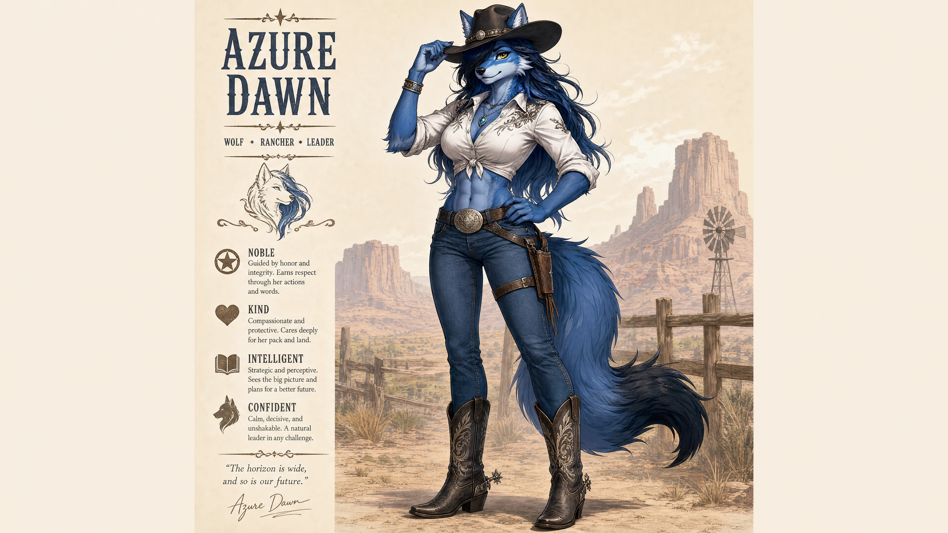 Cowgirl loup bleu anthro avec chapeau, jean et bottes