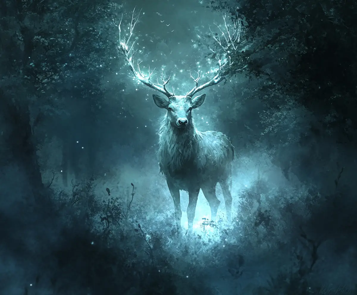 Cerf spectral dans une forêt au clair de lune aux plantes luminescentes