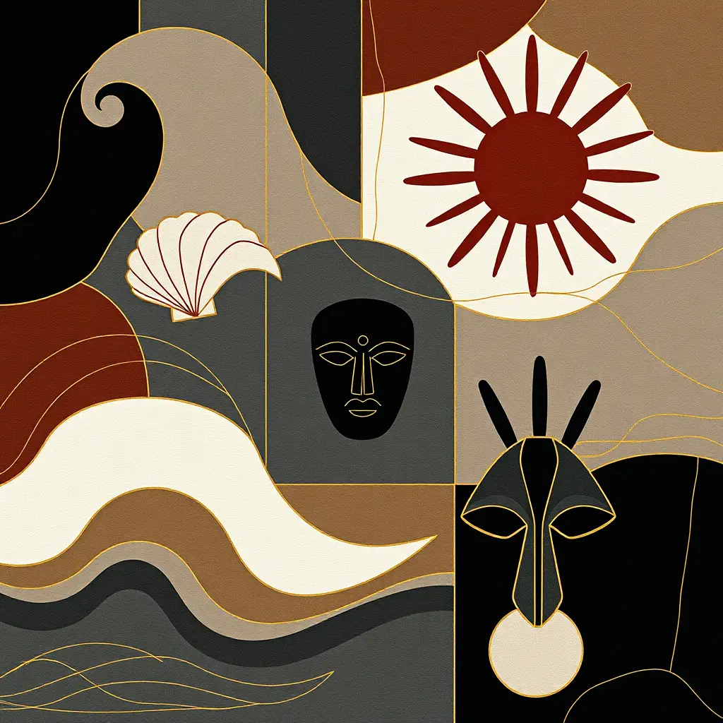 Collage de plage abstrait avec masques tribaux et motifs océaniques