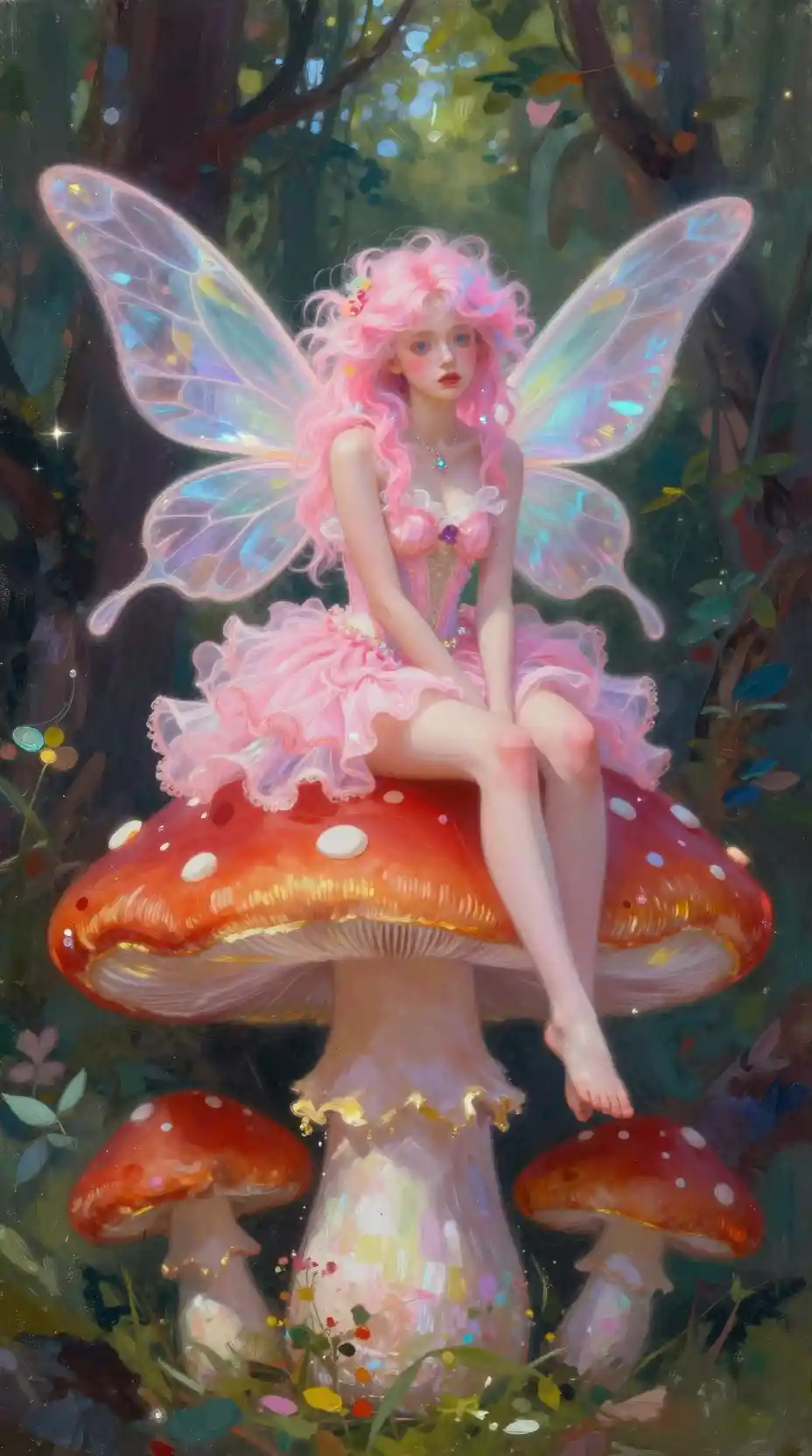 Whimsical fairy girl on a crimson forest mushroom