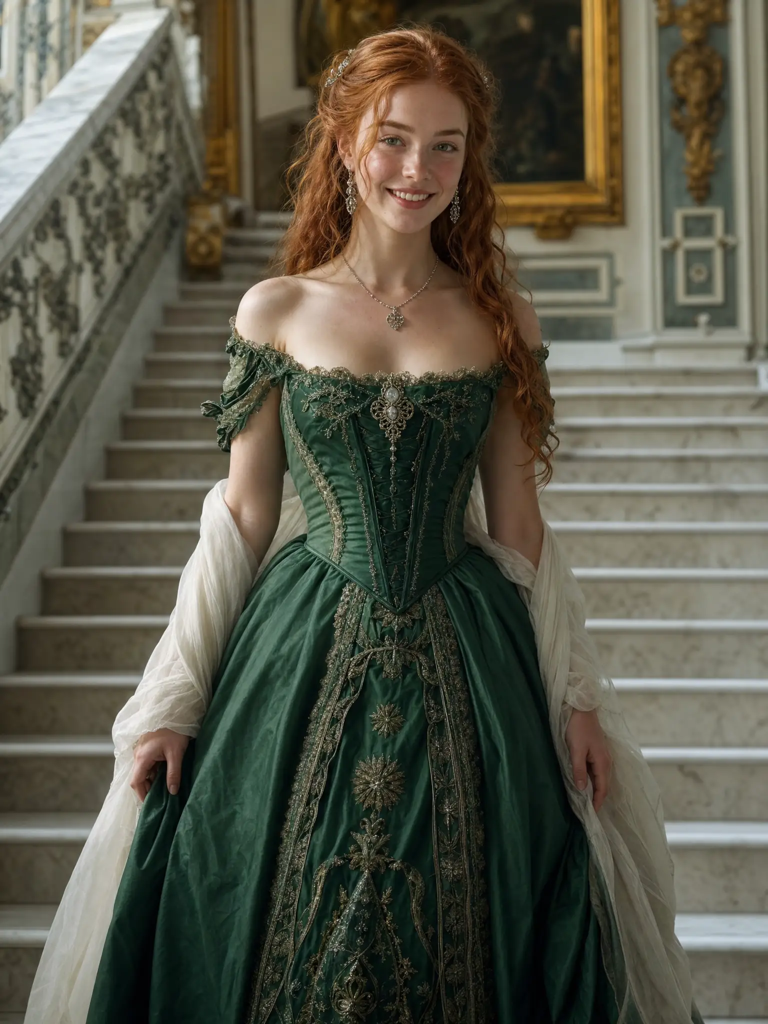 Garota irlandesa de vestido de baile verde em grande escadaria de mármore