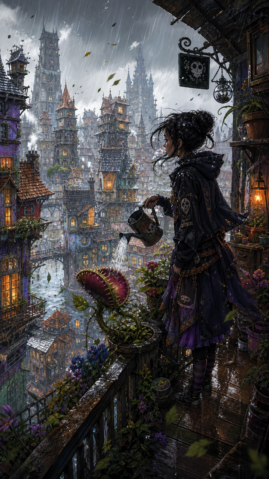 Girl watering a carnivorous plant on a rainy balcony