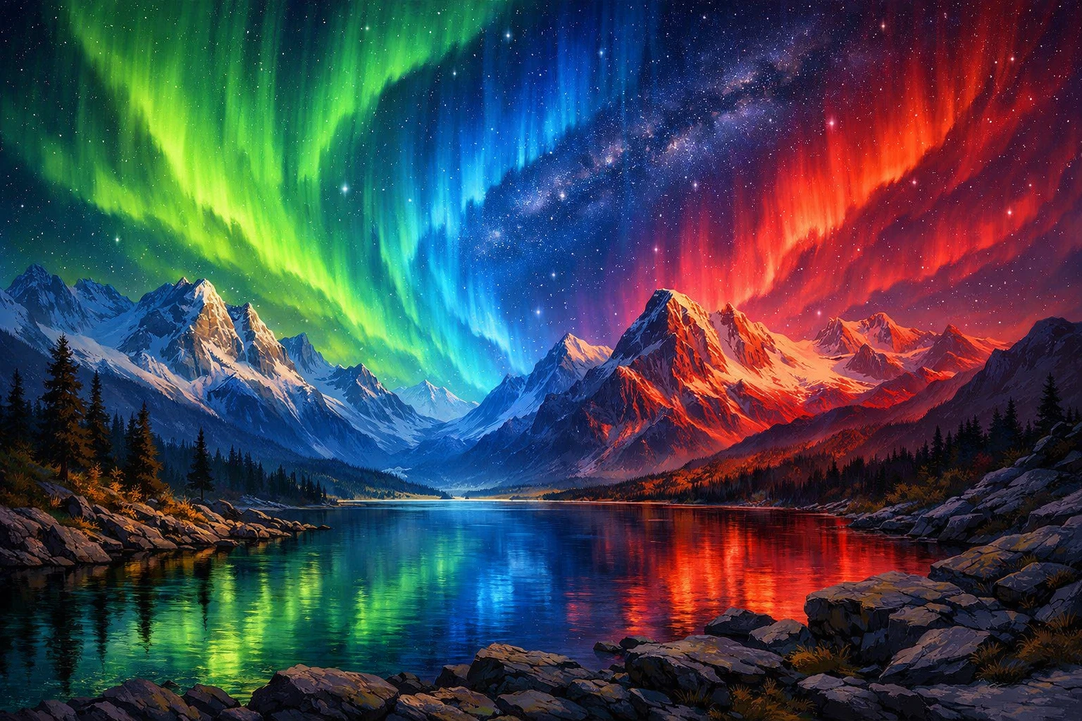 絢麗多彩的山景與璀璨極光夜空