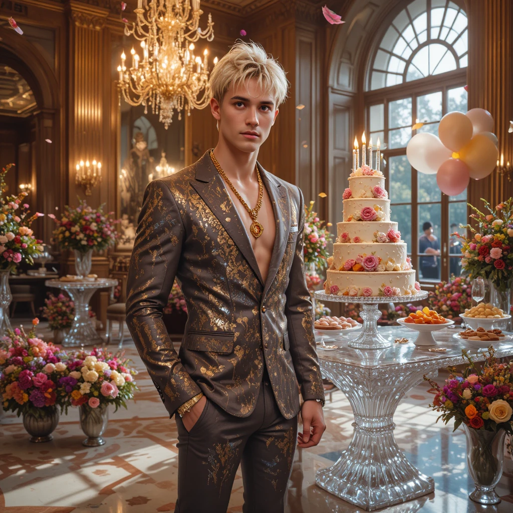 Jeune homme blond en costume à paillettes à une fête d’anniversaire