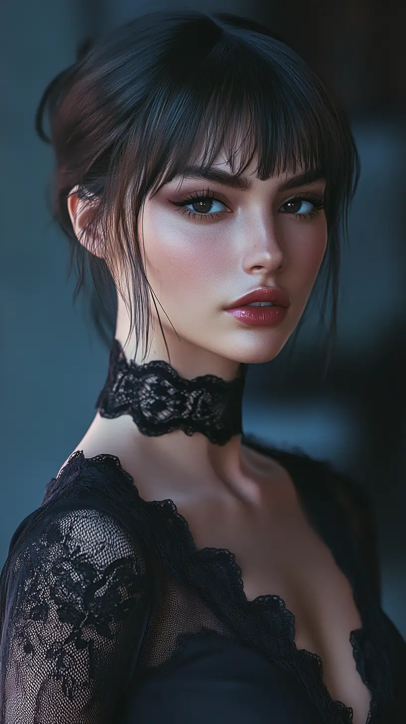 Mysterious woman in black lace choker portrait