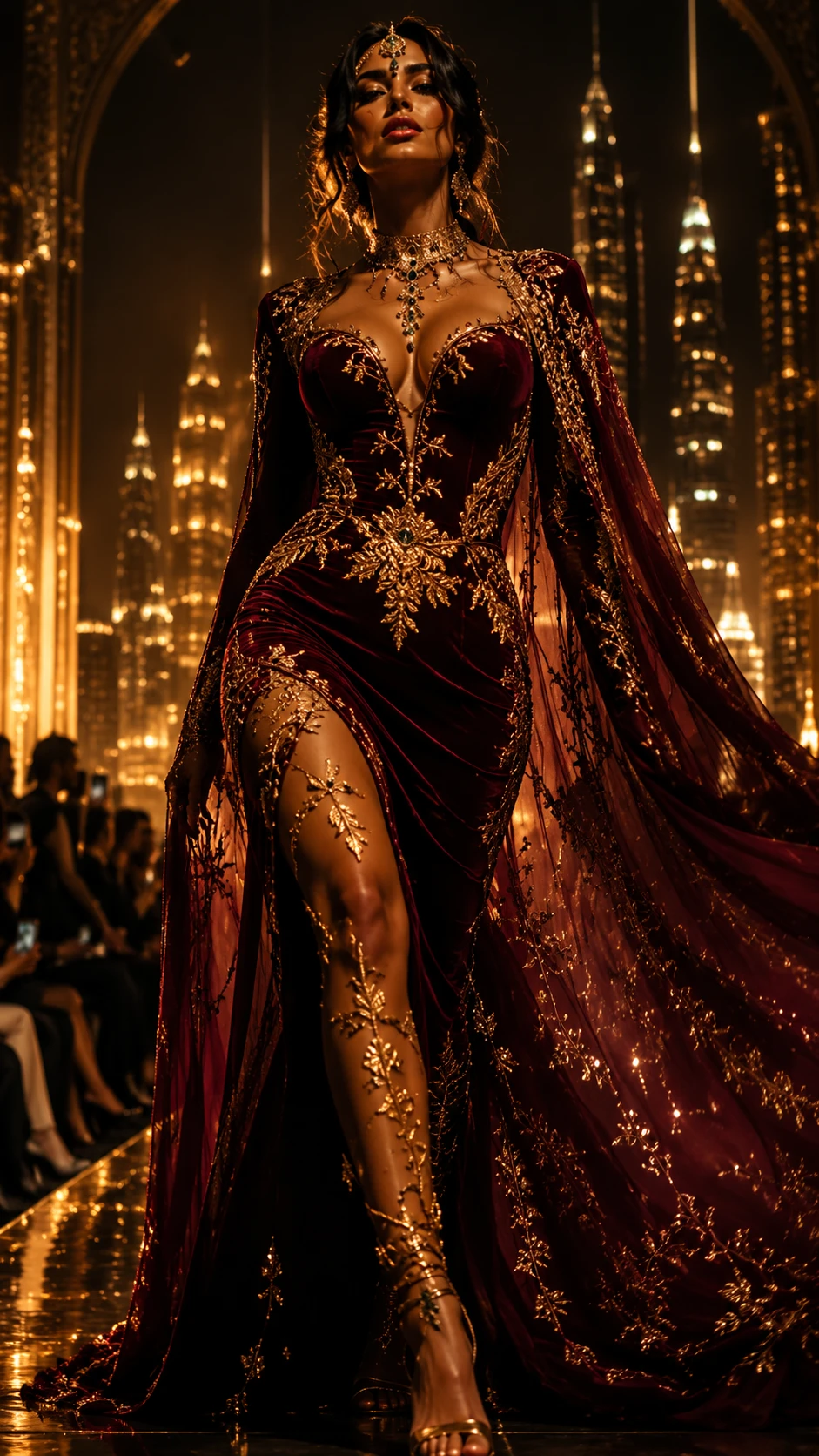 Femme de défilé en velours sous des lumières urbaines d’or fondu