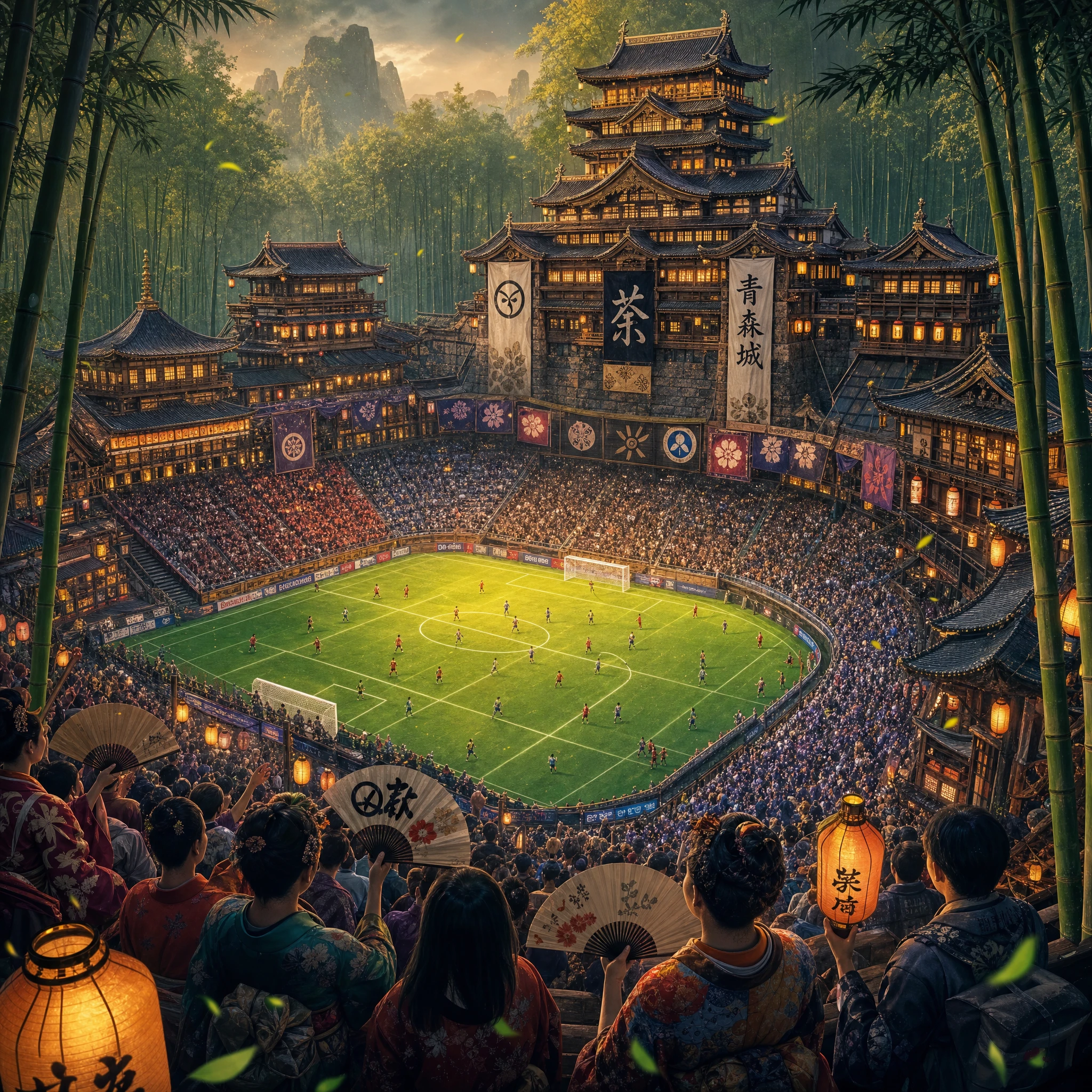 Stadio fantastico a forma di castello giapponese nella foresta di bambù