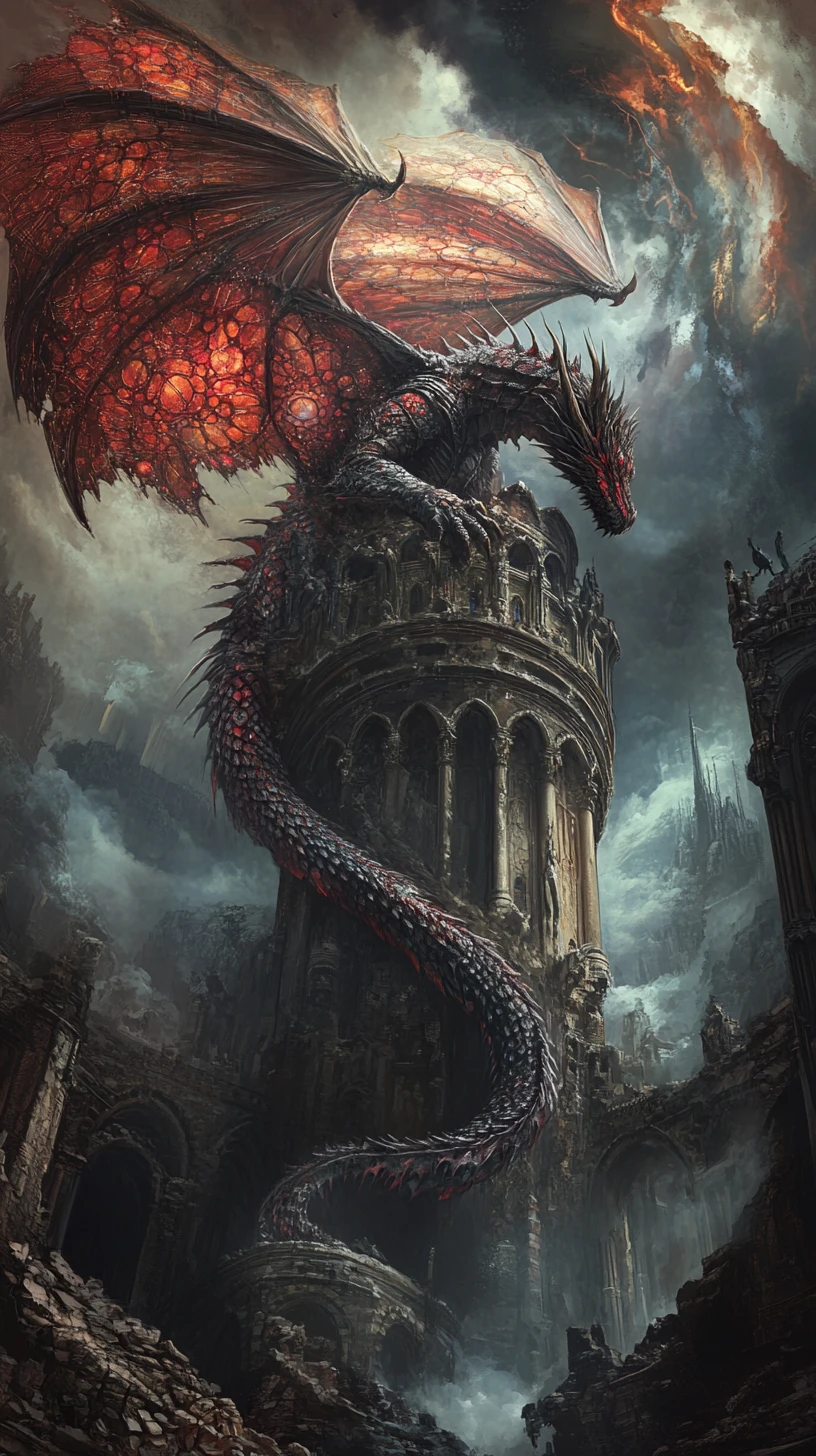 Dragão Contemplando do Alto de uma Catedral Gótica em Noite Surreal
